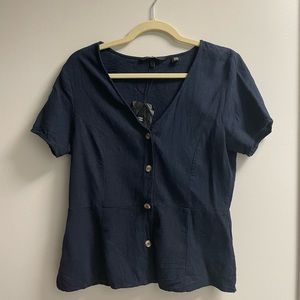 Vero Moda linen blend peplum button up blouse - Navy (large)